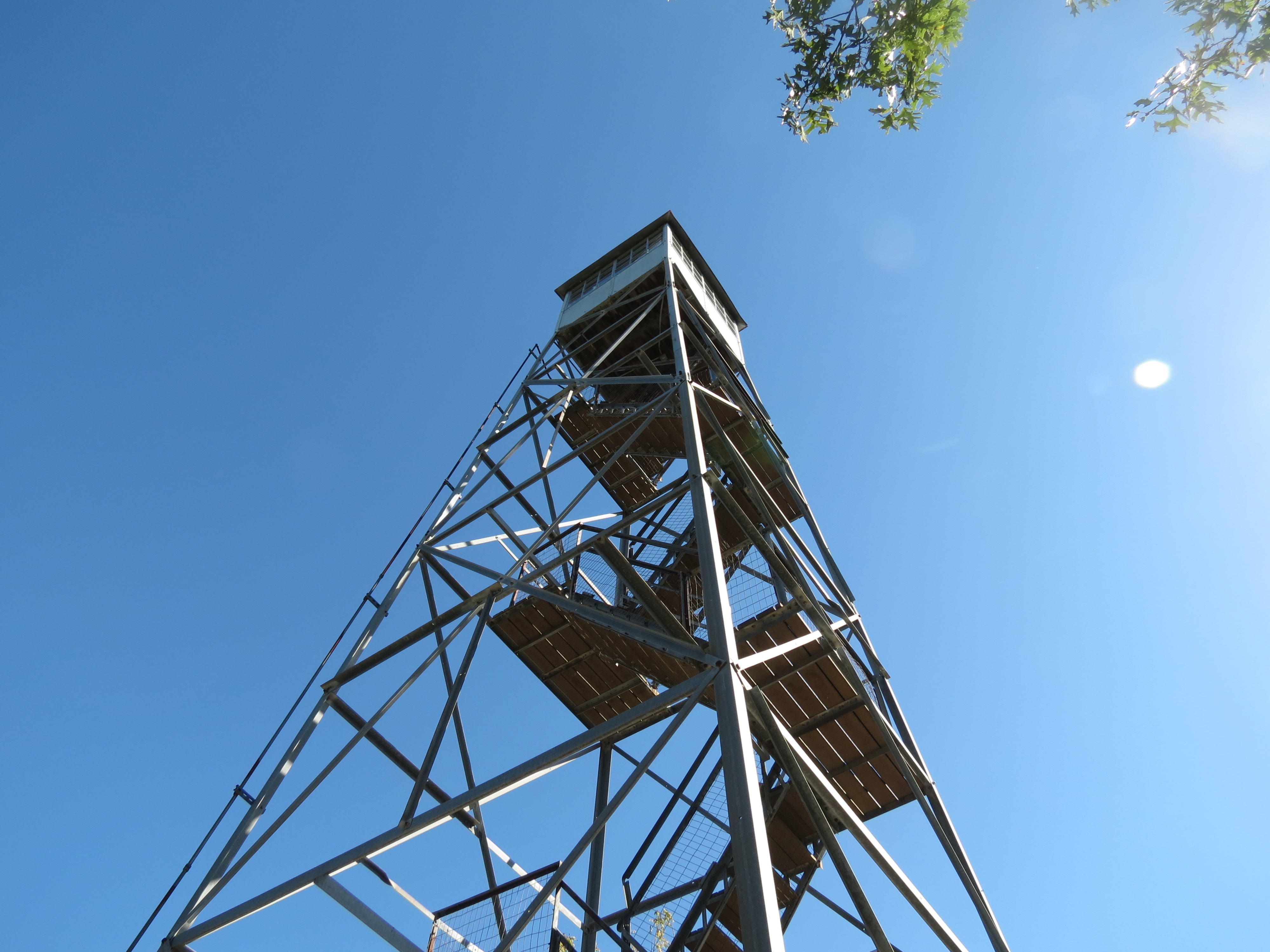 A view from the bottom of the fire lookout tower at Runge Conservation Nature Center looking up to the top.