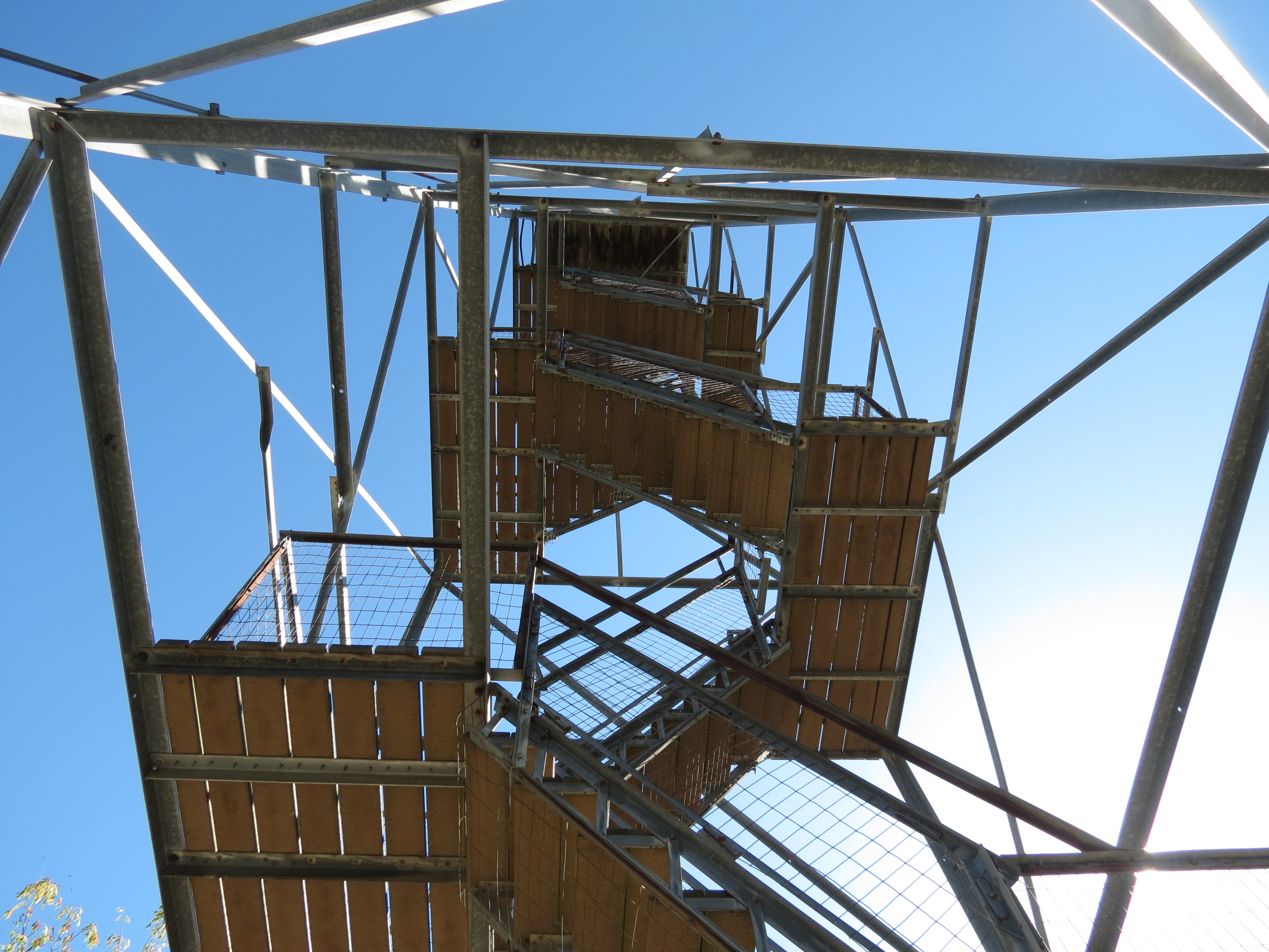 The view from directly below the tower of the stairs leading up to the top.